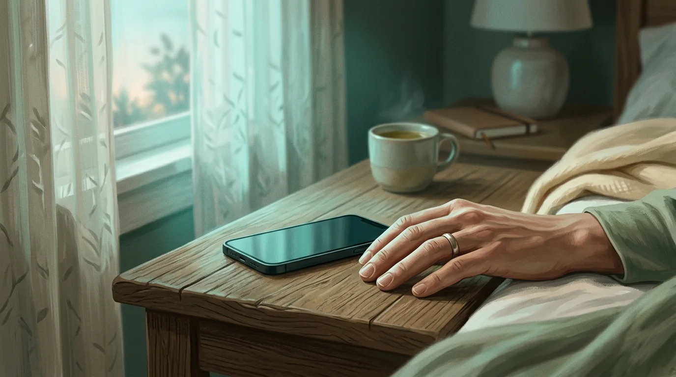 Person's hand reaching for smartphone on a bedside table, soft morning light, signs of phone addiction