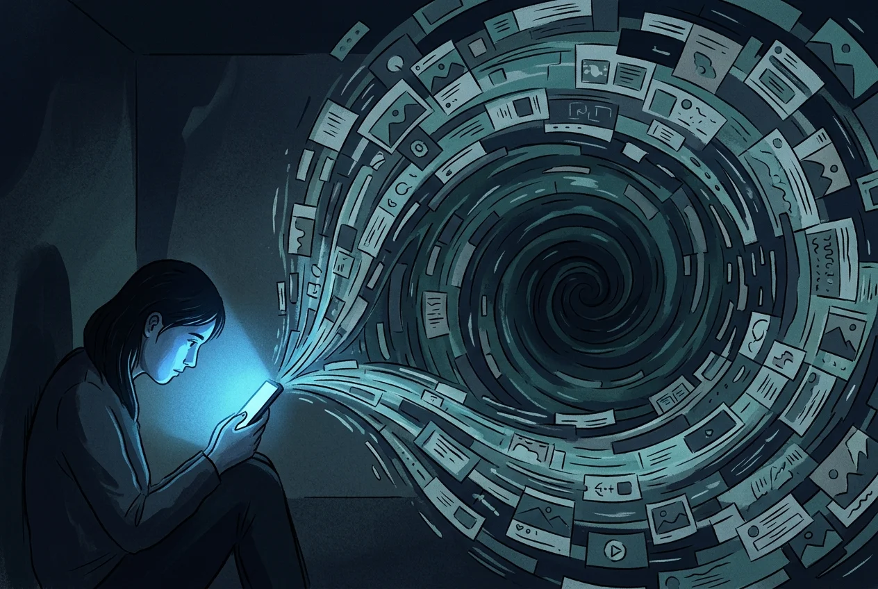Close-up of hands holding a glowing phone screen in a dark room, compulsive scrolling