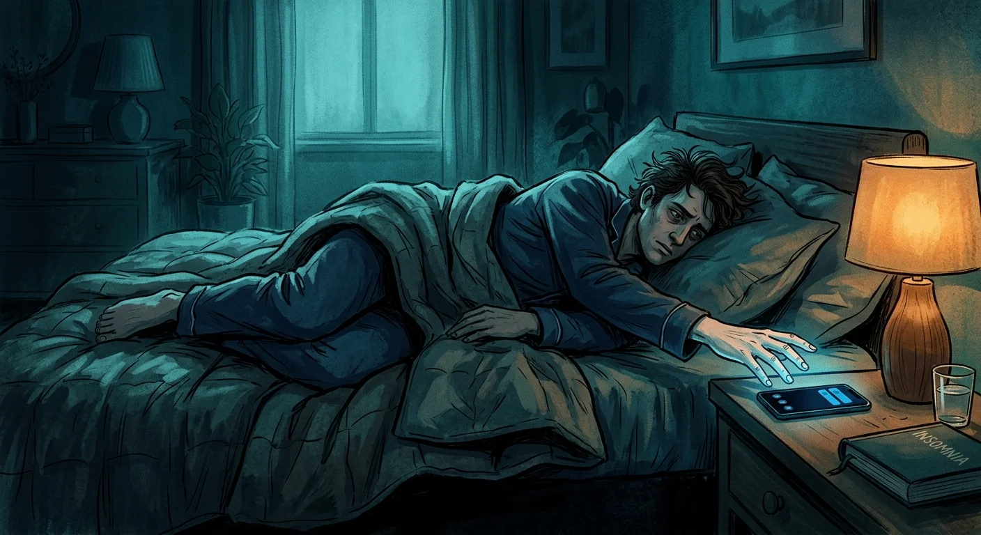 Person lying awake in bed at night, hand reaching toward a dark phone on the nightstand — smartphone withdrawal symptoms