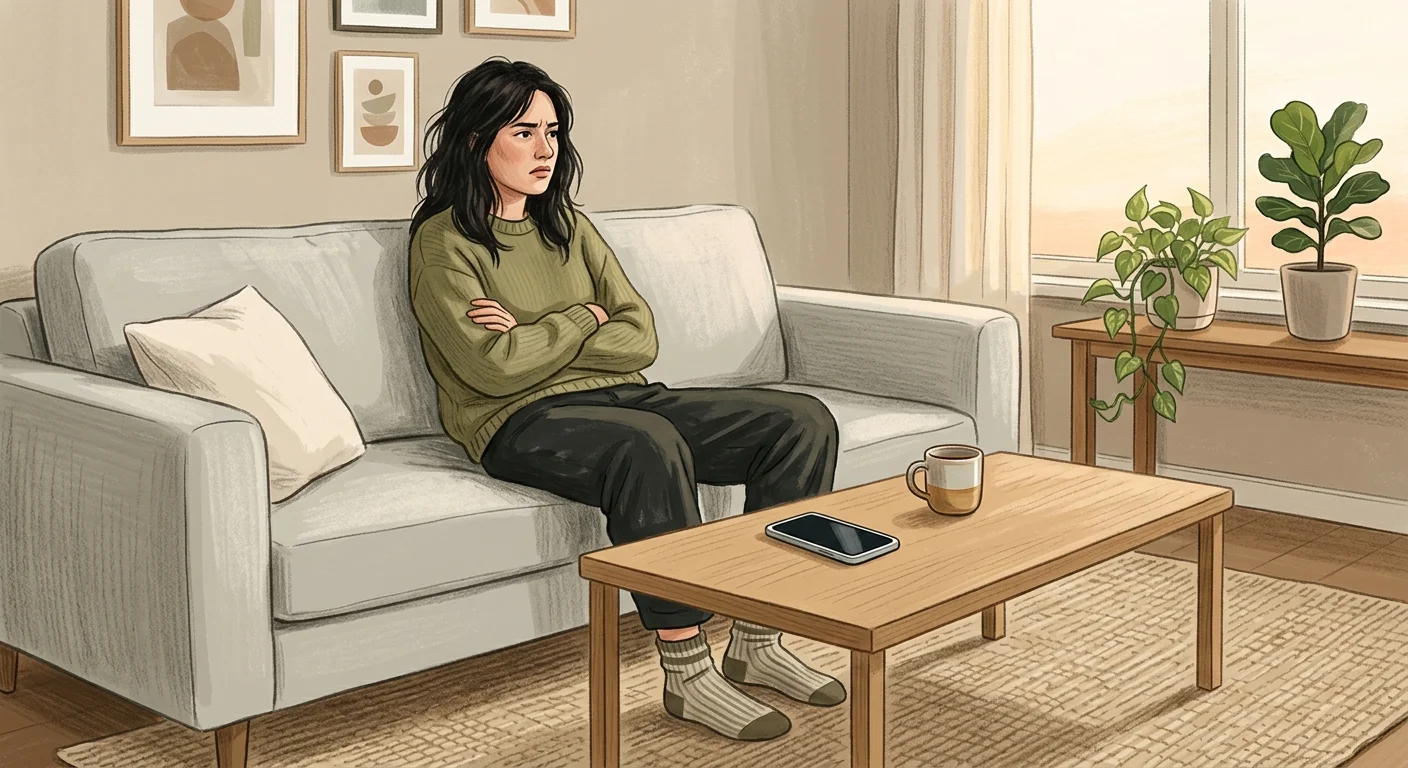 Person sitting on a couch with phone face-down on the table in front of them, looking restless and uncomfortable