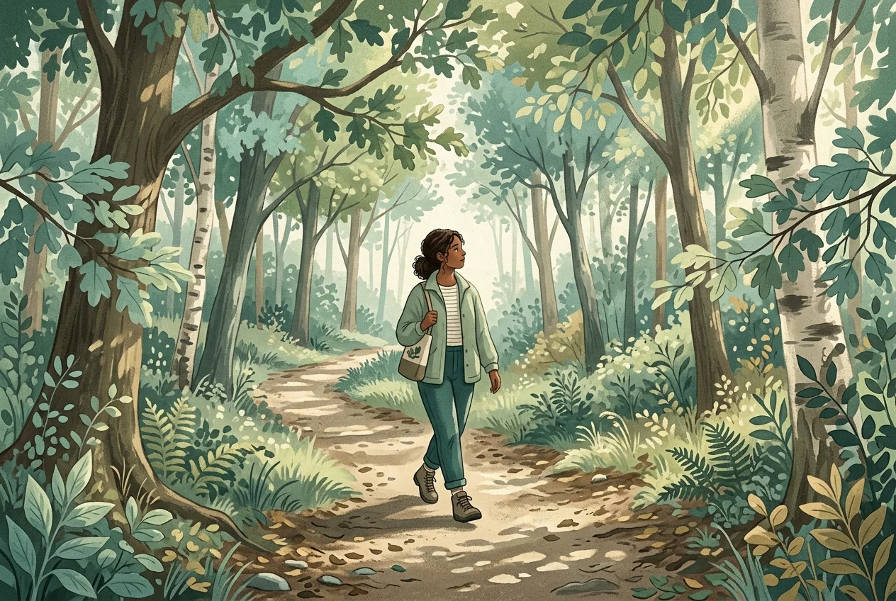 Person walking on a quiet path outdoors without a phone, dappled sunlight through trees, calm and present atmosphere in teal and sage tones