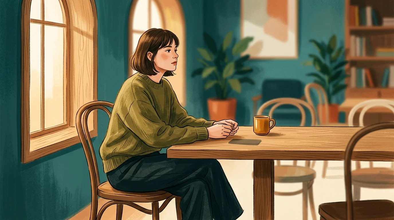 Person sitting quietly at a table with hands folded, an empty spot beside them where a smartphone would be, soft teal and warm light