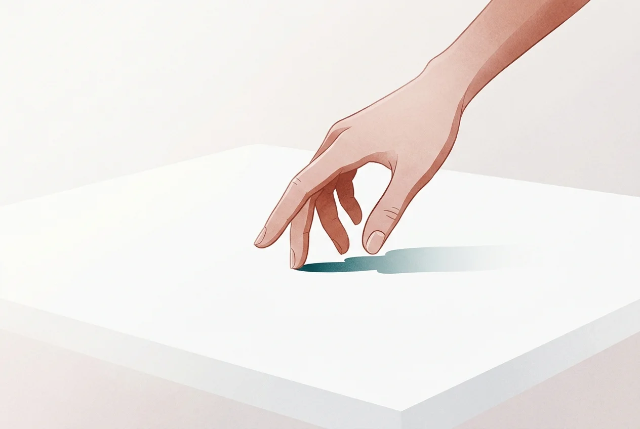 Close-up of a hand reaching toward an empty surface, soft natural light, minimalist composition in warm neutrals