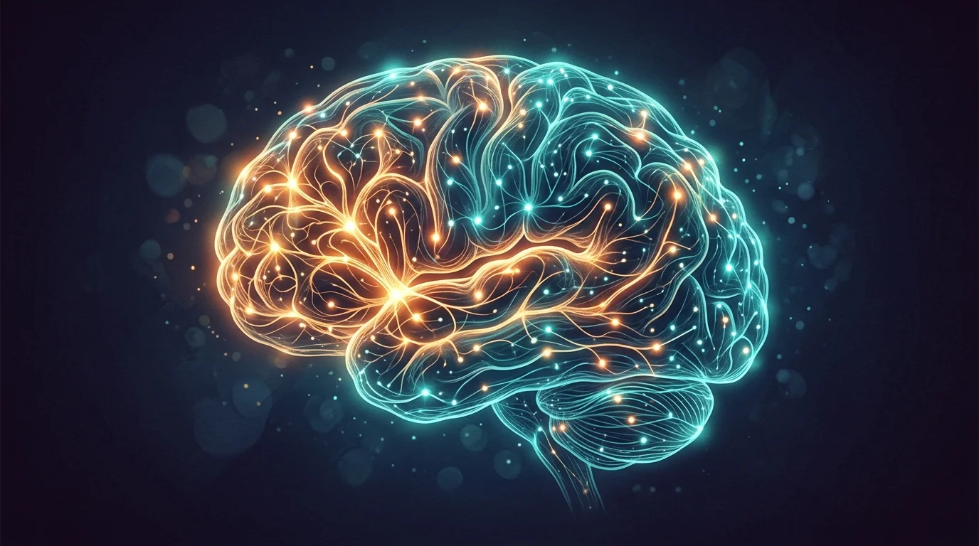 Glowing human brain network with teal neural pathways brightening, representing cognitive recovery from social media detox