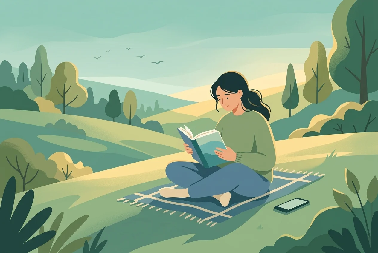 Person sitting outdoors in natural light reading a book, calm and present, warm teal and green tones representing mental recovery