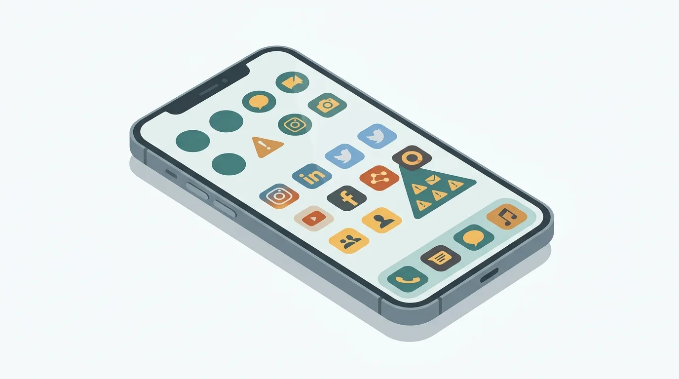 Conceptual illustration of a smartphone screen with a health warning label overlaid on social media apps