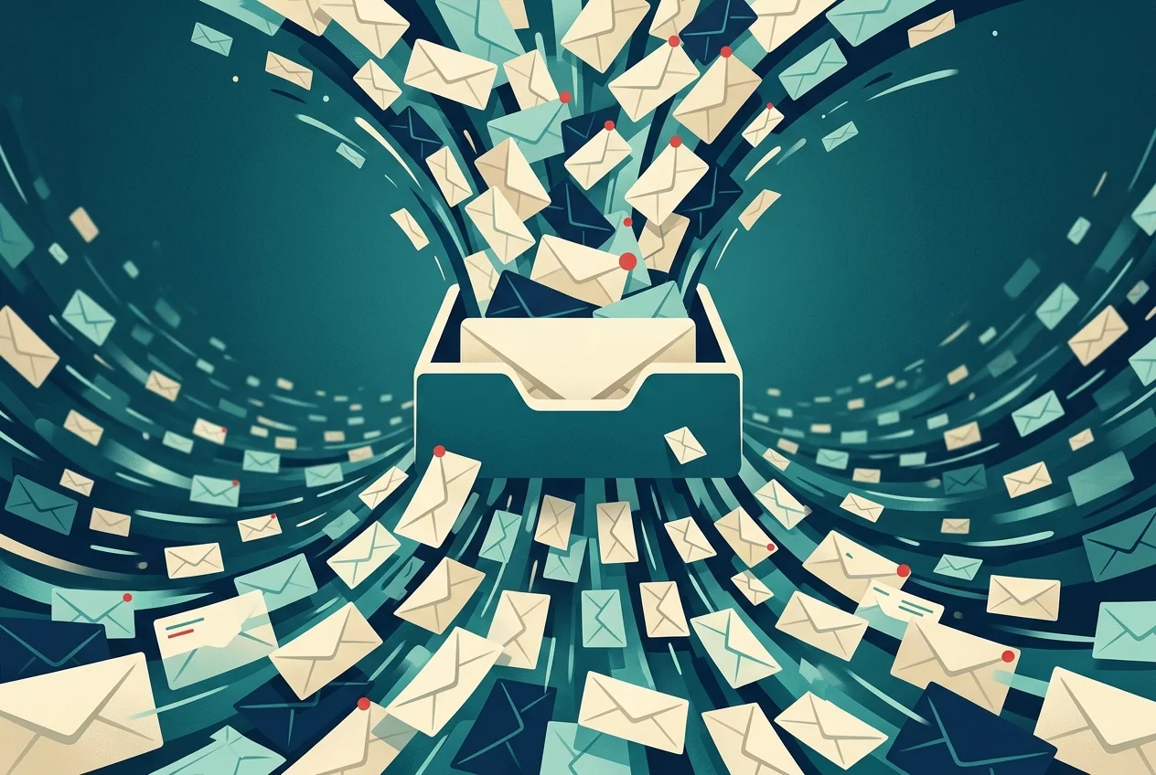 Stylized inbox flooding with notifications, abstract teal and amber tones, conceptual illustration