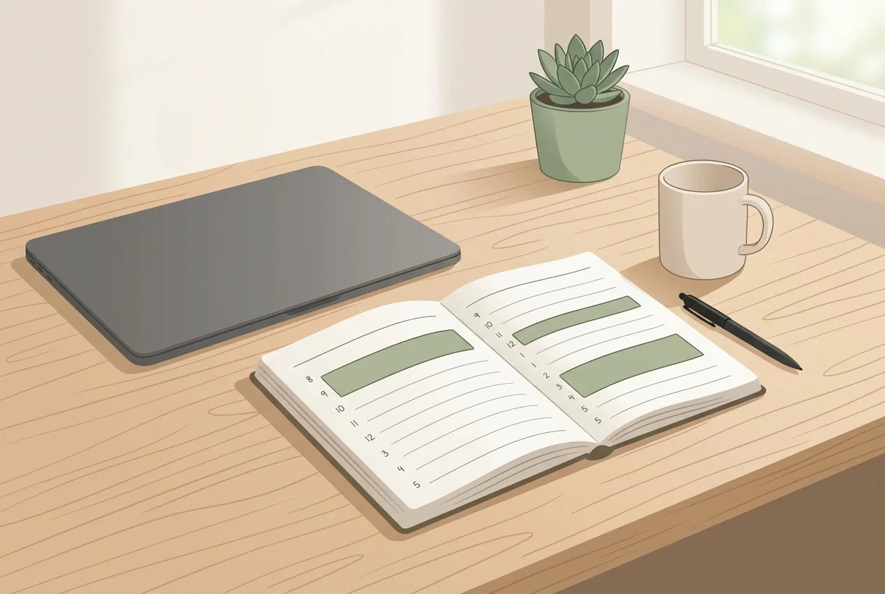 Clean desk with a minimal daily schedule showing three dedicated email time windows, teal and cream tones