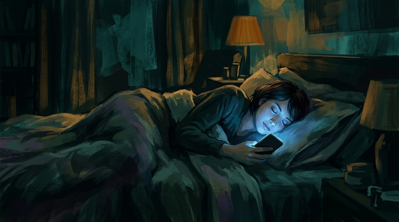 Person lying in bed with phone light illuminating face in dark room, stop doomscrolling before bed