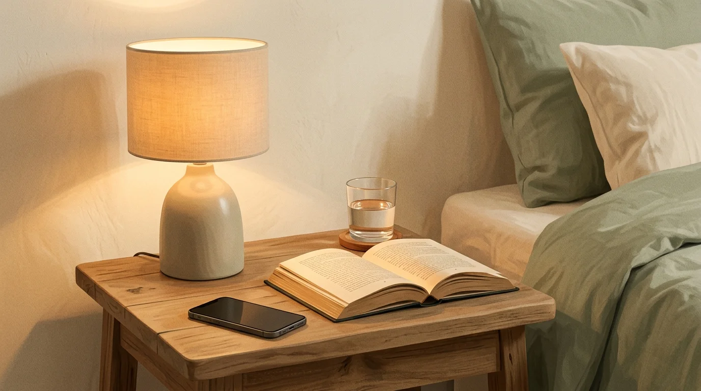 Peaceful bedside table with a glass of water, book, and phone face-down, warm lamp light in calm bedroom