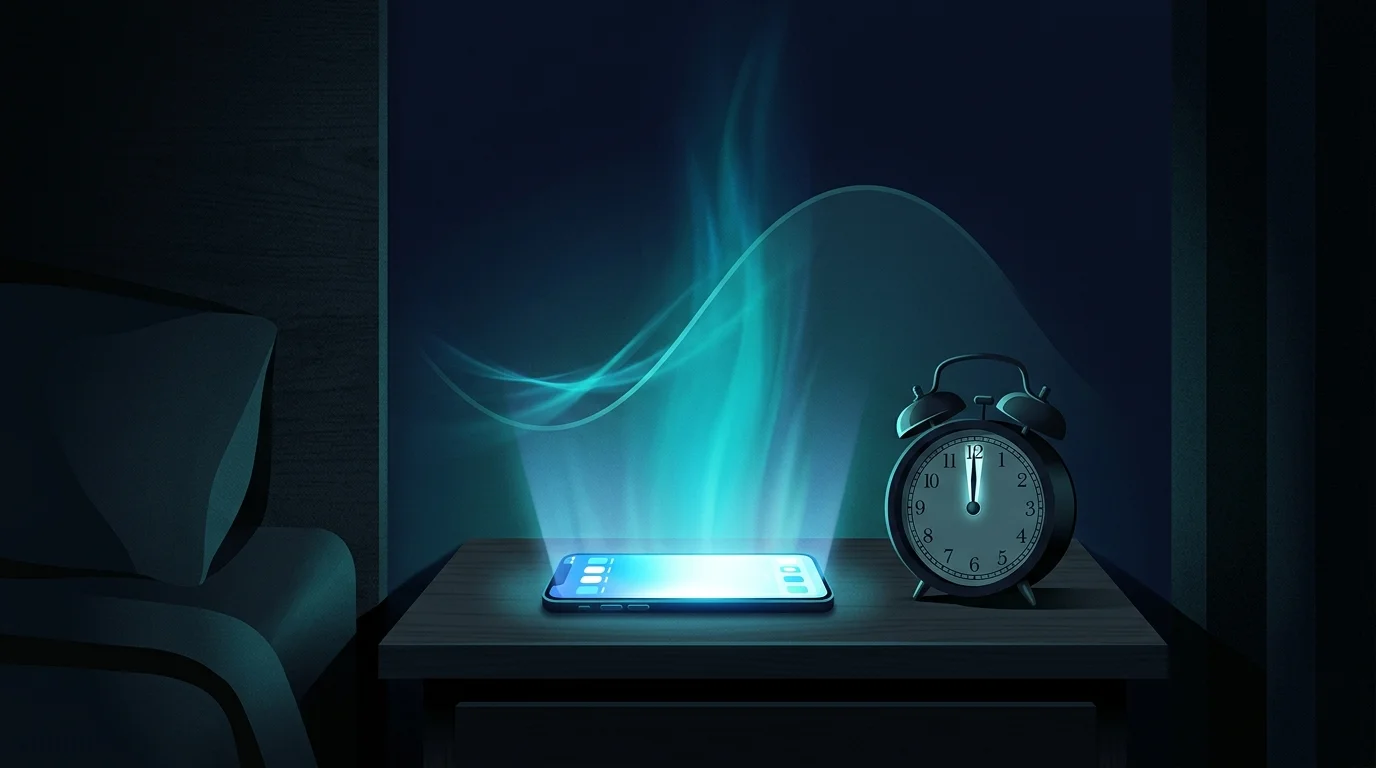 Glowing smartphone screen next to an analog clock on a dark nightstand, blue light spilling into a dim bedroom