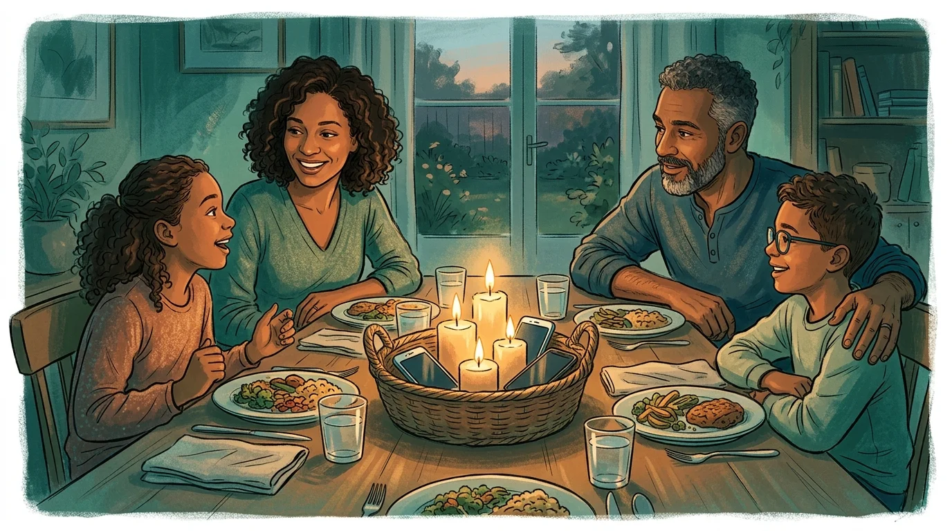 Family at a dinner table with phones face-down, warm evening light, calm intentional moment, surgeon general screen time advisory context