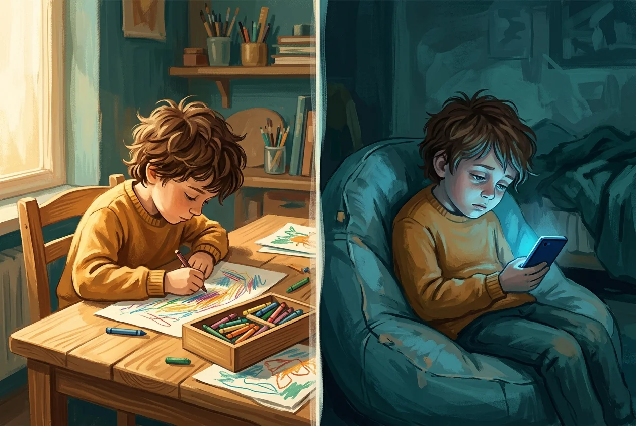Split scene showing a child absorbed in drawing at a sunlit table versus the same child slouched with blue screen glow, illustrating screen time effects on child development