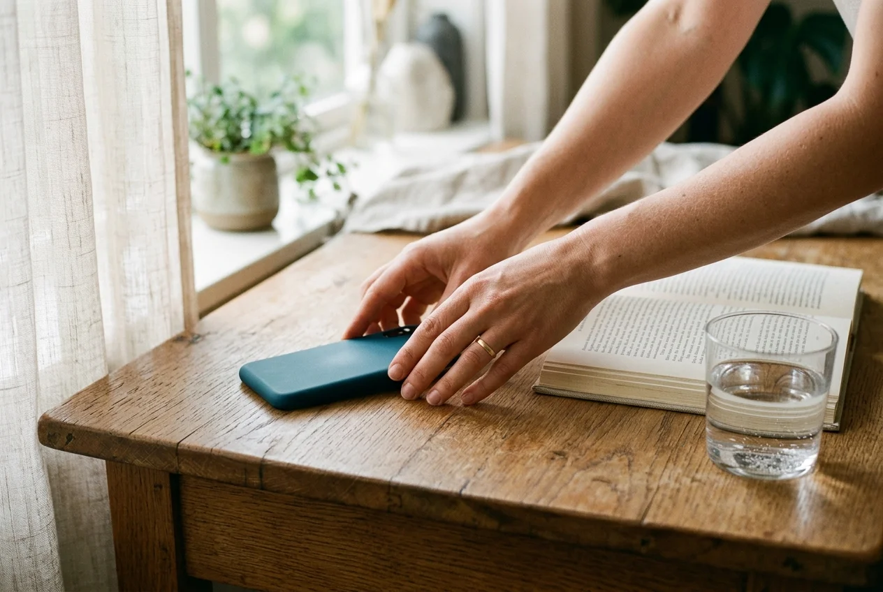 Hands placing a smartphone face-down on a desk next to a book and glass of water