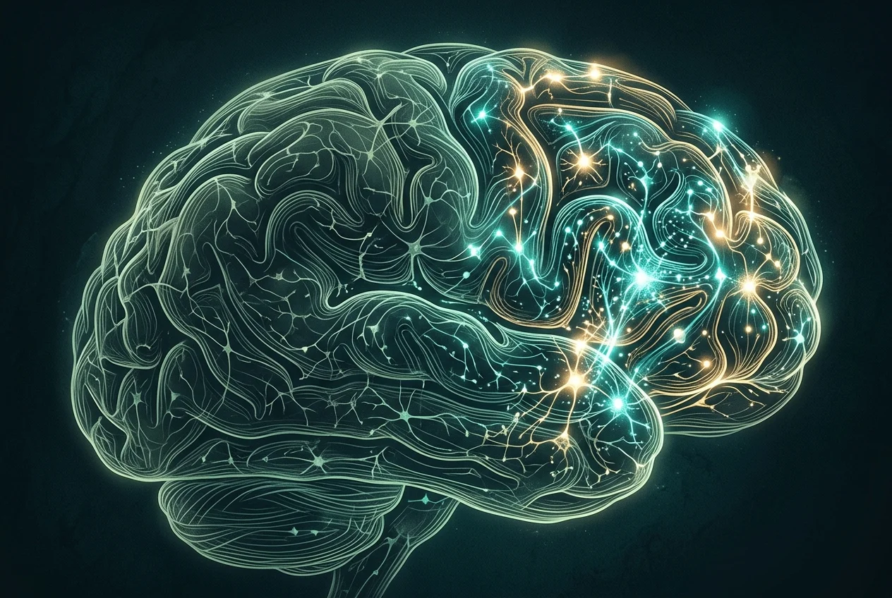 Neural pathways in a brain showing rapid dopamine bursts and fading sustained attention
