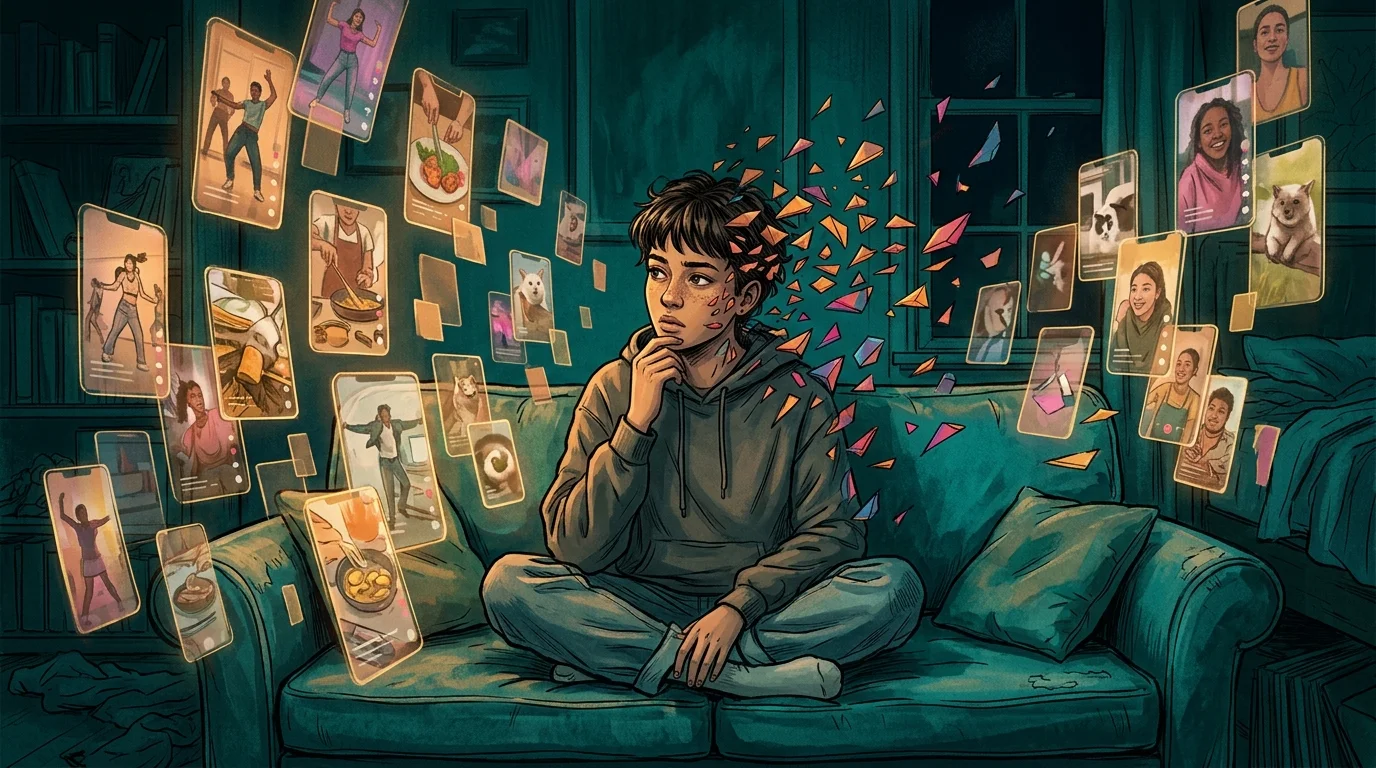 Person staring at rapid-fire TikTok content with fragmented attention visualized around them