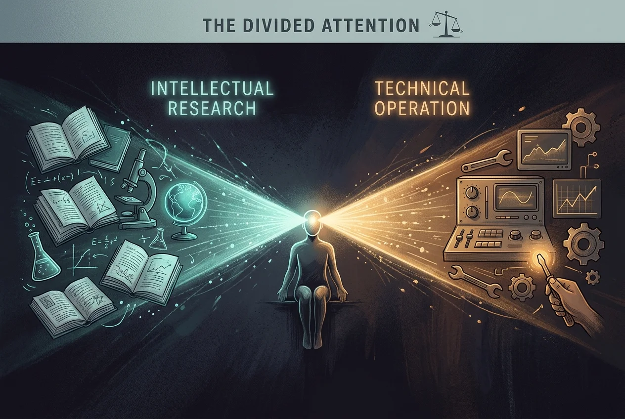 Conceptual illustration of a brain with two glowing attention beams pointing in different directions, teal and warm amber, editorial style