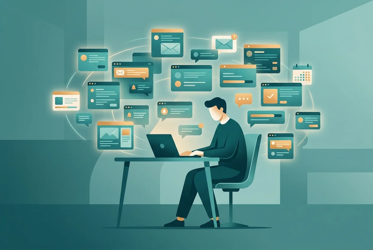 Person at a desk surrounded by multiple glowing screens and notification alerts, fragmented expression, teal and amber editorial tones