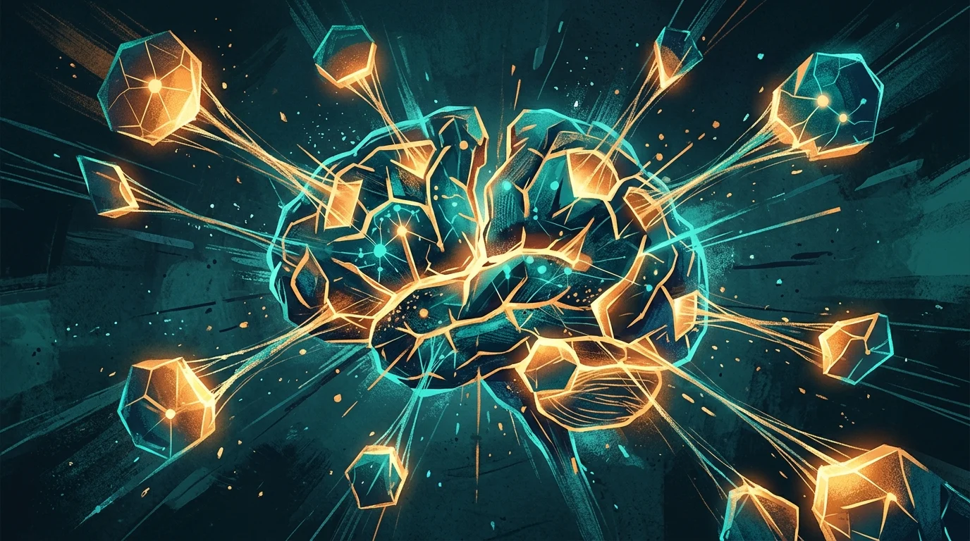 Abstract illustration of a brain divided between multiple glowing task windows, fragmented attention, teal and amber tones