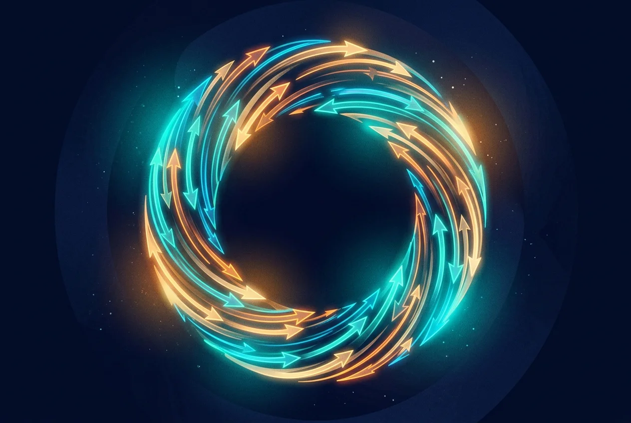 Abstract illustration of an endless scroll loop with glowing arrows cycling upward, teal and amber tones on dark background