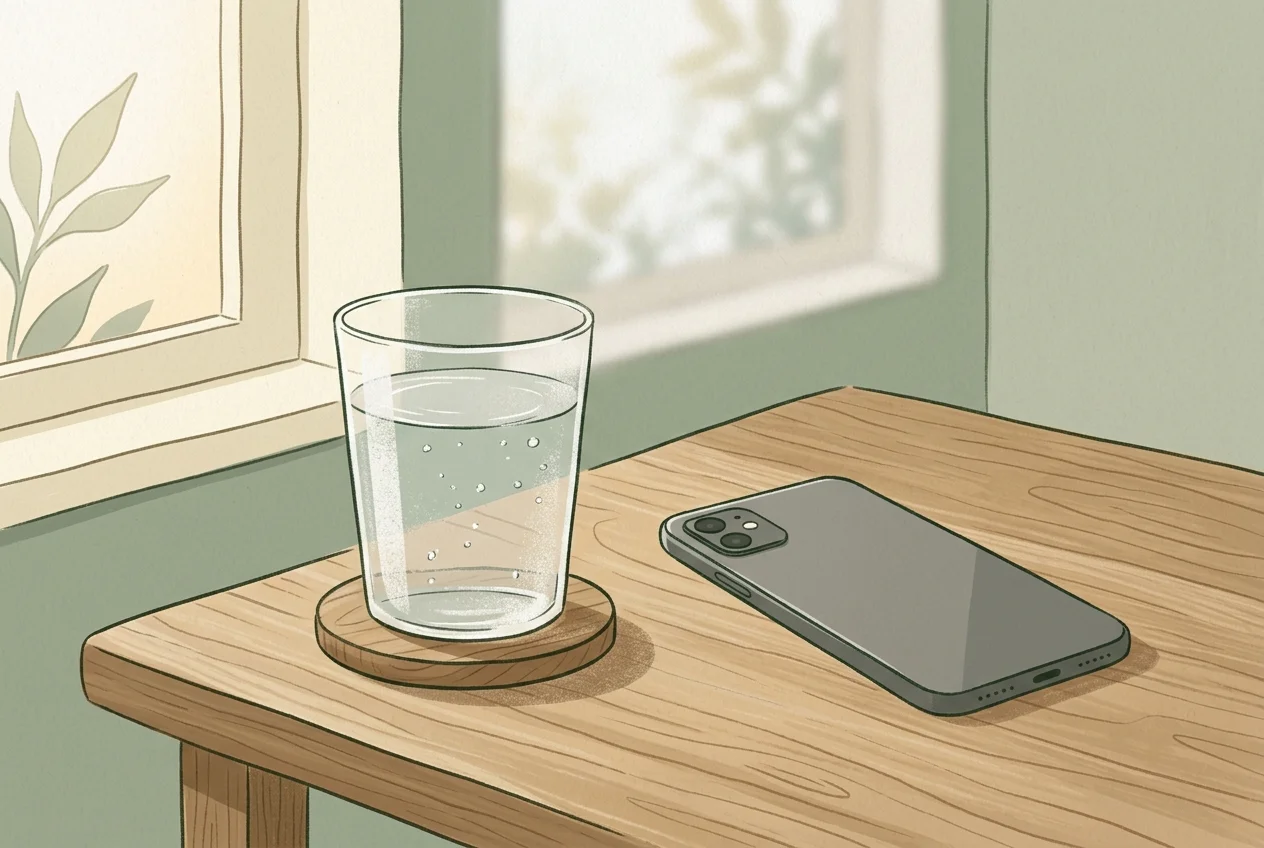 Glass of water on a table next to a phone face-down, morning light, clean minimal composition in sage green and cream tones