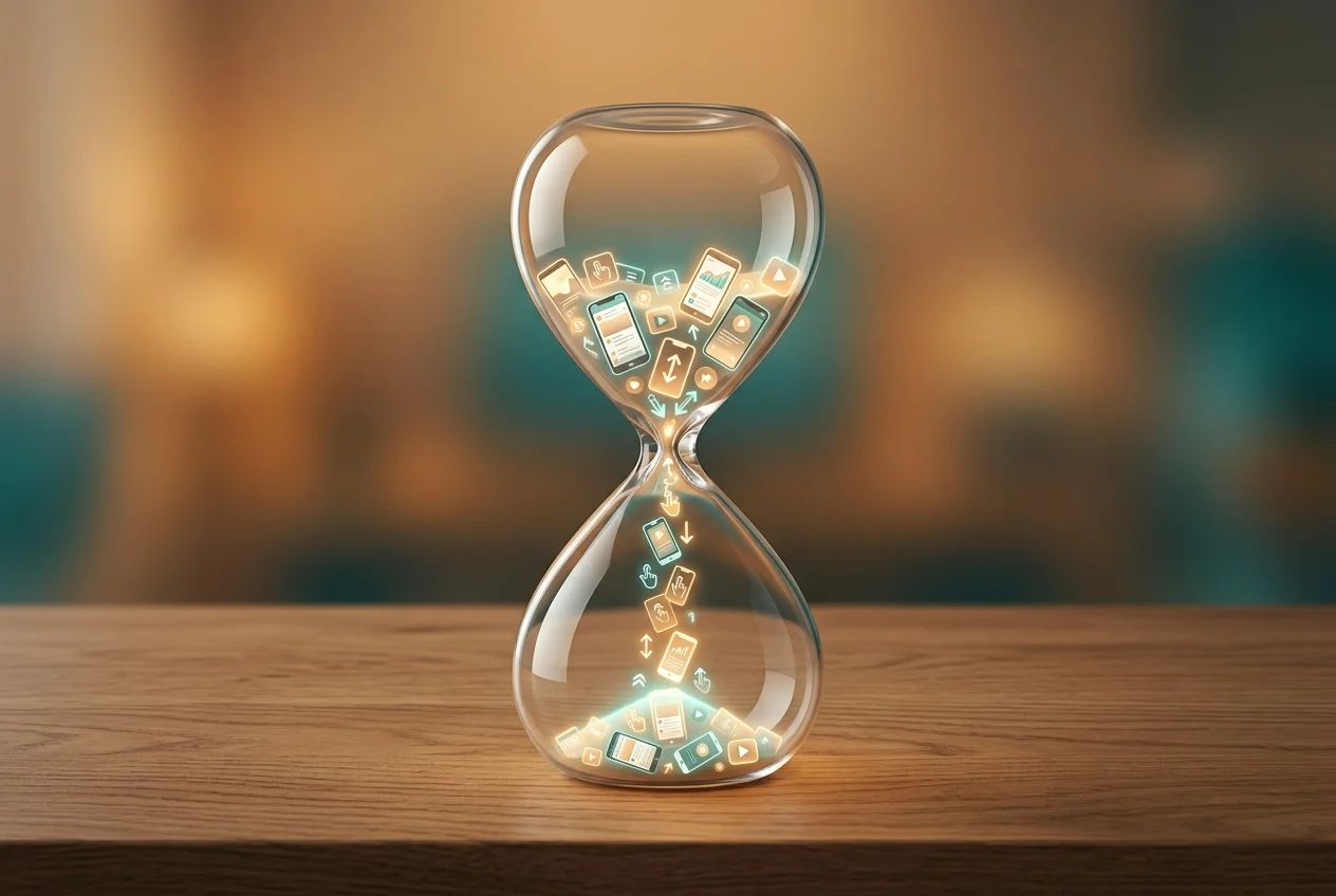 Hourglass filled with sand shaped like scrolling feed icons, representing time lost to zombie scrolling