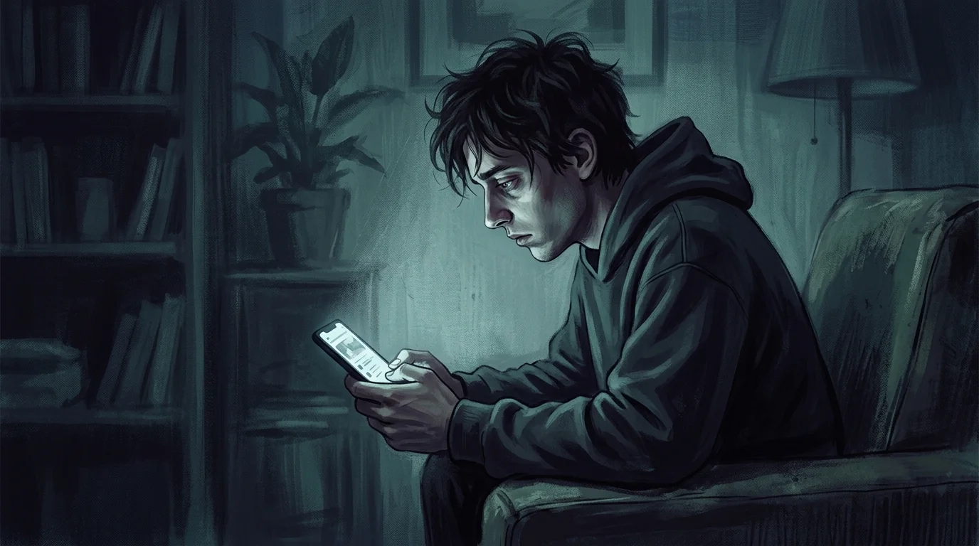 Person staring blankly at phone screen in dim light, thumb mid-scroll in a trance — zombie scrolling