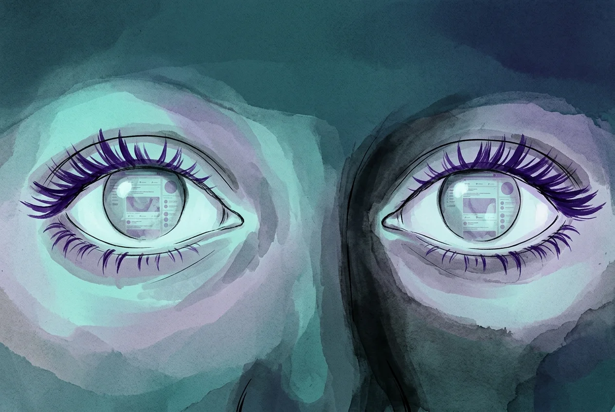 Close-up of glassy unfocused eyes reflected in a phone screen mid-scroll, teal light in a dark room